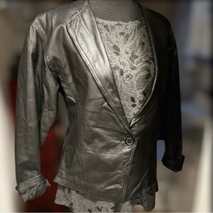 Leather sleek tailored black fully lined jacket with lace handkerchief in pocket